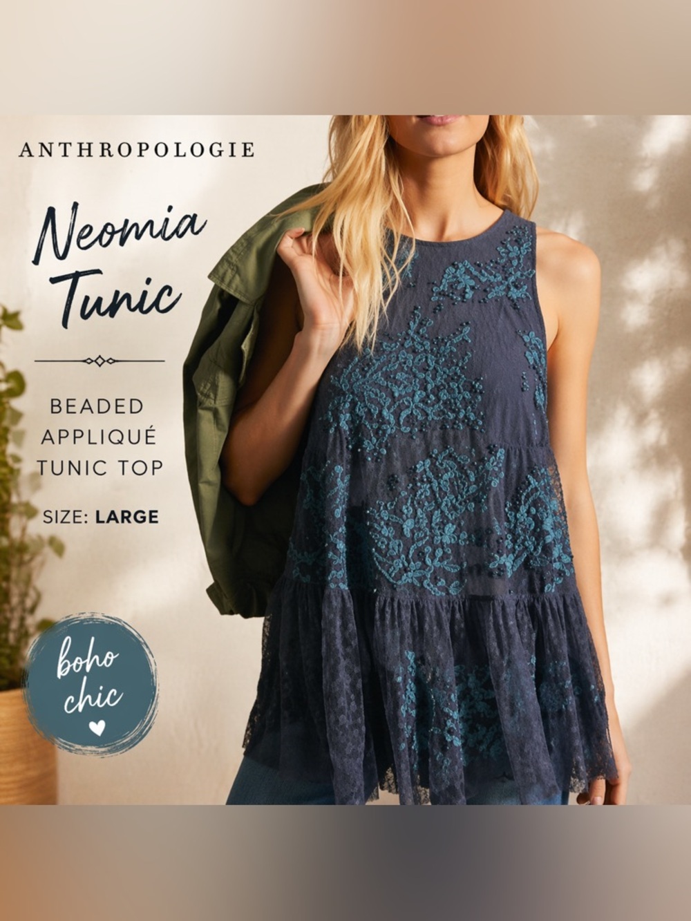 Anthropologie Neomia Appliqué Beaded Tunic Top Sleeveless Ruffle Boho Size Large